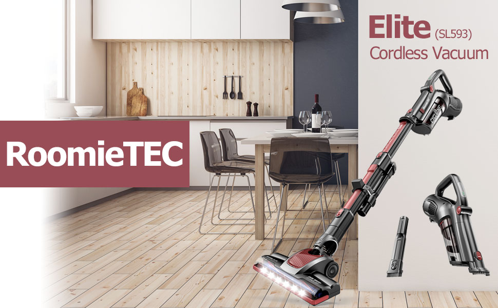 Roomie Tec Elite Cordless Stick Vacuum with portable hand vac for car pet floor carpet high suction